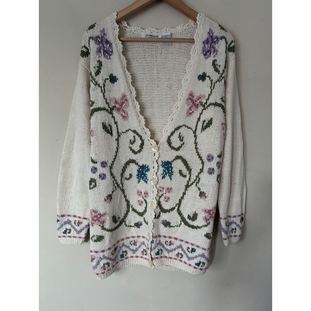 Liz Claiborne Vintage Floral Silk Cotton Cardigan Petite S Cottagecore Cream - Picture 9 of 9